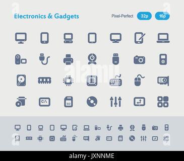 Ein Satz von 28 professionellen, pixelgenaue Vector Icons auf einem 32 x 32 Pixel Raster entworfen und gestaltet auf einem 16 x 16 Pixel Raster für die sehr kleinen Größen. Stock Vektor