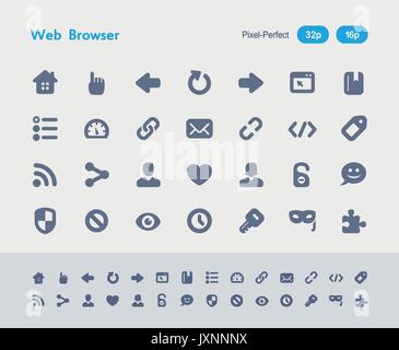 Ein Satz von 28 professionellen, pixelgenaue Vector Icons auf einem 32 x 32 Pixel Raster entworfen und gestaltet auf einem 16 x 16 Pixel Raster für die sehr kleinen Größen. Stock Vektor