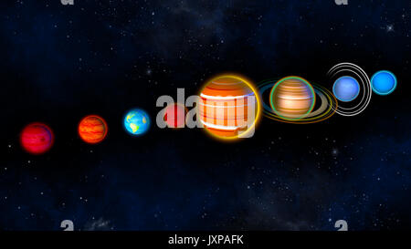 Planeten system Durchmesser Größen und Umlaufbahnen. Kinder Buch, Zeichnungen Stockfoto