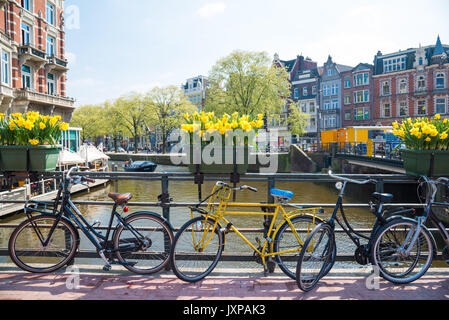 Fahrräder auf der Brücke in Amsterdam Niederlande. Stockfoto