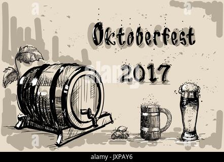Barrel Bier Glas Skizze Oktoberfest Banner Stock Vektor