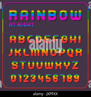 Kompletter Satz von Rainbow farbige Alphabet Buchstaben und Ziffern auf dunklem Hintergrund, Vector Illustration Stock Vektor