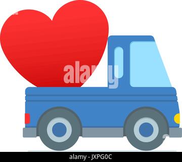 Cartoon Lkw Blau zoomt entlang über die Bereitstellung von großen Herzen im Kofferraum vor einem weißen Hintergrund, Vector Illustration Stock Vektor