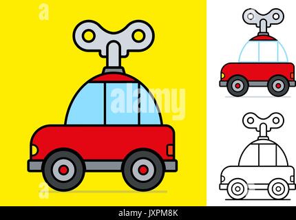 Süße kleine rote Cartoon windigen Auto mit einem großen mechanischen Schlüssel auf einem gelben Hintergrund für Kinder, Vektor, Abbildung Stock Vektor