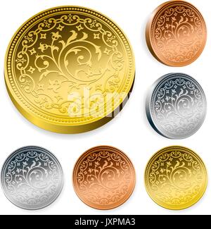 Satz von kunstvoll gravierte Metall Münzen in Gold, Silber, und Bronze mit einem komplizierten Blättern und Blumen Design und metallischen Glanz zwei Sätze in verschiedenen orie Stock Vektor