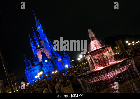 Cinderella Castle und Brunnen bei Nacht in Magic Kingdom, Walt Disney World, Orlando, Florida. Stockfoto