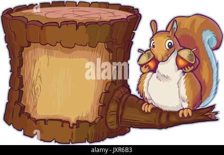 Vektor cartoon Clipart Illustration eines Holz- und offen in der Rinde für kundenspezifische Designs anmelden. Verfügt über ein Eichhörnchen auf einem Zweig mit 2 Eicheln. Stock Vektor