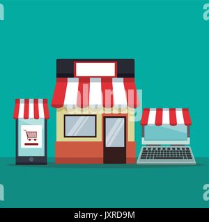 Farbe Hintergrund mit Laptop und Smartphone mit Markise online shopping Stock Vektor