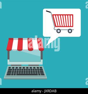 Farbe Hintergrund mit Laptop Store mit Markise und Dialog mit den Warenkorb Stock Vektor