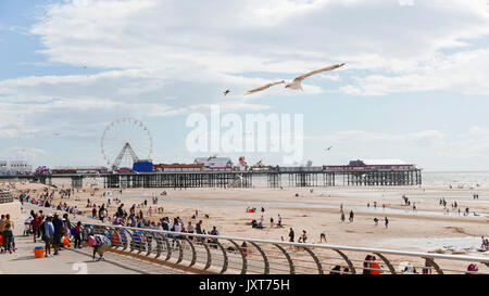 Blackpool, Großbritannien. 17 Aug, 2017. UK Wetter. Heißen, sonnigen Wetter bringt die Massen auf Blackpool Strand und der Promenade entfernt. Urlauber entspannen und Spielen auf dem Sande neben Central Pier. Kev Walsh Alamy leben Nachrichten Stockfoto