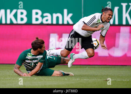 Budapest, Ungarn. 17 Aug, 2017. Bence Batik (L) des Ferencvarosi TC fouls David Williams (R) der Swietelsky Haladas während die ungarische OTP Bank Liga Match zwischen Ferencvarosi TC und Swietelsky Haladas an Groupama Arena am 17. August in Budapest, Ungarn, 2017. Credit: Laszlo Szirtesi/Alamy leben Nachrichten Stockfoto