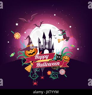 Halloween Charakter und Element design Abzeichen an Vollmond Hintergrund, Trick oder Festlichkeit Konzept, Vektor, Abbildung Stock Vektor