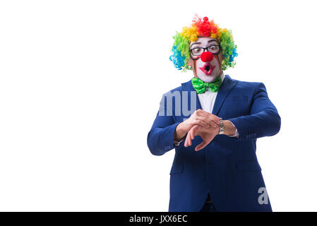 Lustiger Clown Geschäftsmann isoliert auf weißem Hintergrund Stockfoto