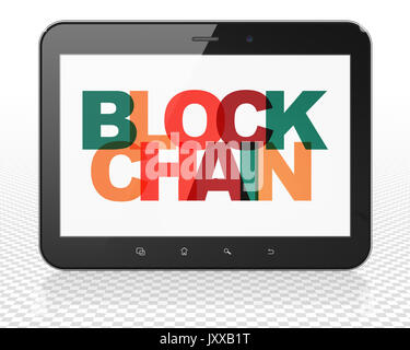 Konzept: Tablet PC-Computer mit Blockchain auf Anzeige Stockfoto