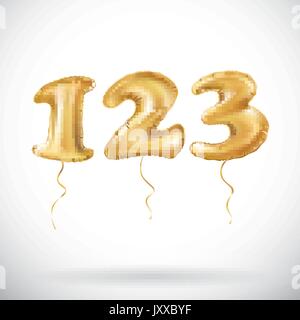 Eins, Zwei, Drei goldene Zahlen von aufblasbaren Ballons auf weißem Hintergrund. 123 Helium Luftballons Vektorgrafiken Stock Vektor