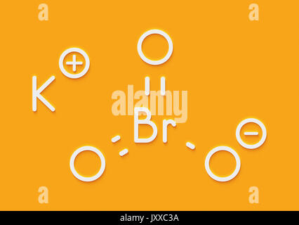 Kaliumbromat KBrO3 (E 924). Als Zusatzstoff in die Backen von Brot, Mehl verwendet. Skelettmuskulatur Formel. Stockfoto