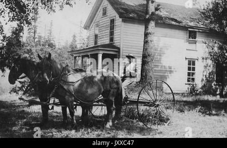 Ganzkörperportrait des afroamerikanischen Mannes, der Pferd und Buggy reitet, mit leichtem Hemd, Hose und Hut, zwei Pferde, vor dem Haus sitzend, neutraler Ausdruck, 1920. Stockfoto