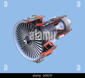 Der Turbofan Jet Engine Querschnitt Frame auf blauem Hintergrund isoliert. 3D-Bild. Stockfoto