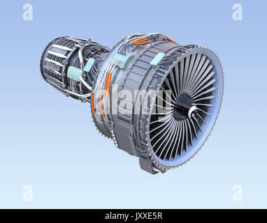 Drahtmodell Turbofan Jet Engine auf blauem Hintergrund isoliert. 3D-Bild. Stockfoto