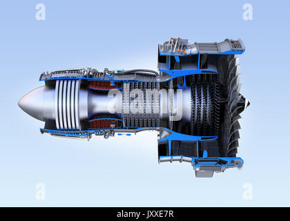 Der Turbofan Jet Engine Querschnitt Frame auf blauem Hintergrund isoliert. 3D-Bild. Stockfoto