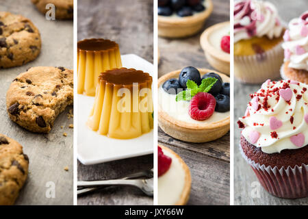 Desserts Collage mit Cookies, Creme Caramel, Törtchen und Kuchen Stockfoto