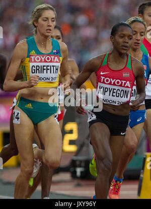 04. August 2017, London Stadium, East London, England; Leichtathletik WM, Tag 1; der Glaube Chepngetich Kipyegon und Georgien Griffith während der Stockfoto