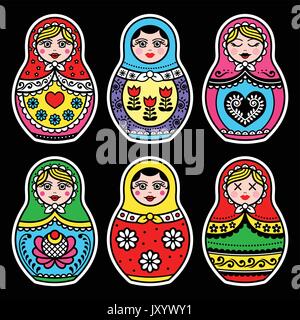 Matrjoschka, russische Puppe weiße Symbole auf Schwarz gesetzt Stock Vektor