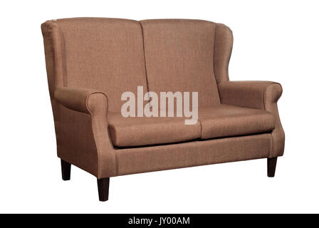 Farbige Stühle aus Stoff und Leder auf weißem Hintergrund Stockfoto