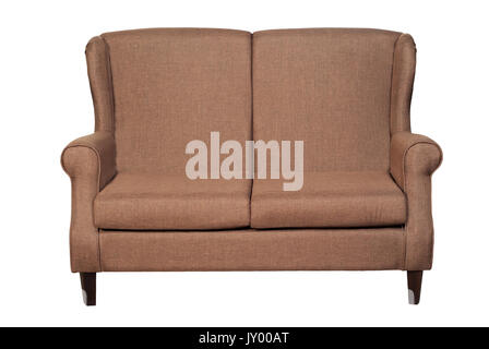 Farbige Stühle aus Stoff und Leder auf weißem Hintergrund Stockfoto