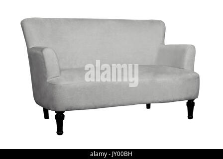 Farbige Stühle aus Stoff und Leder auf weißem Hintergrund Stockfoto