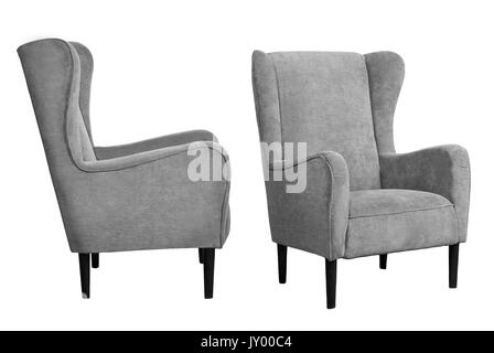 Farbige Stühle aus Stoff und Leder auf weißem Hintergrund Stockfoto