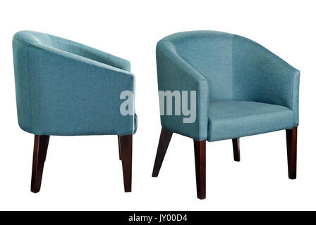 Farbige Stühle aus Stoff und Leder auf weißem Hintergrund Stockfoto