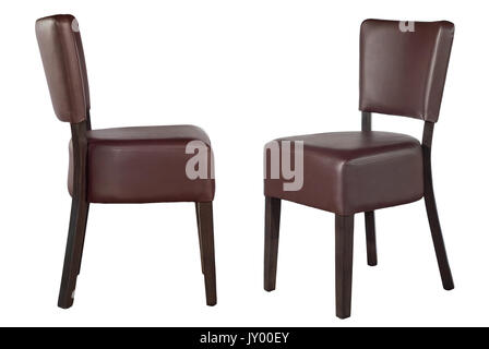 Farbige Stühle aus Stoff und Leder auf weißem Hintergrund Stockfoto