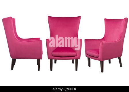 Farbige Stühle aus Stoff und Leder auf weißem Hintergrund Stockfoto