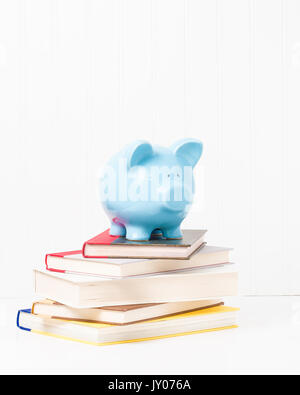 Blau Porzellan Sparschwein auf einem Stapel von Lehrbüchern. Stockfoto