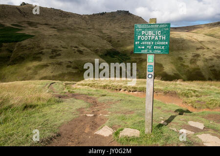 Öffentlichen Fußweg unterzeichnen oben für die Jakobsleiter auf die Pennine Way zwischen Kinder Scout und Alfreton, Derbyshire, Peak District, England, Großbritannien Stockfoto