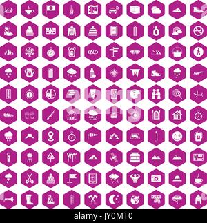 100 Bergsteigen Symbole hexagon Violett Stock Vektor