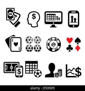 Glücksspiel, Online-Wetten, Casino-Symbole setzen Geld durch Glücksspiel Vektorsymbole auf weiß isoliert gesetzt Stock Vektor