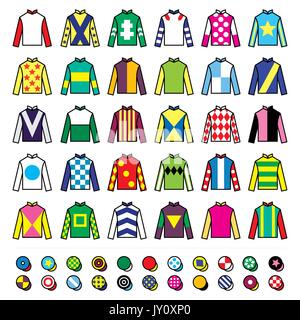 Jockey Uniform - Jacken, Seide und Hüte, Reitsymbole setzen Vector Icons Set - Pferdesport-Jockey-Uniformdesigns isoliert auf Weiß Stock Vektor