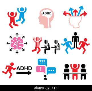 Adhs - Aufmerksamkeitsdefizit-hyperaktivitätsstörung Vector Icons Set Gesundheit Symbole gesetzt - die Leute wollen ADD oder ADHD Symbole isoliert auf weißem Stock Vektor