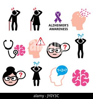 Gesundheit von Senioren - Alzheimer und Demenz, Gedächtnisverlust Symbole setzen Gesundheits- und medizinisches Konzept - Alzheimer-Krankheit-Bewusstsein Vektorsymbole s Stock Vektor