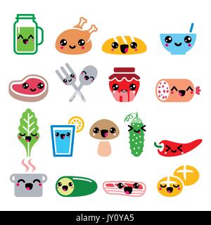 Kawaii süß Essen Zeichen - Fleisch, Gemüse, Getränke Symbole gesetzt Stock Vektor