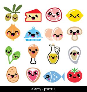 Kawaii süß Essen Zeichen - Fleisch, Gemüse, Tagebuch Icons Set Kawaii süß Essen Zeichen - Fleisch, Gemüse, set Tagebuch Symbole Stock Vektor