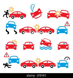 Verkehrsunfall, Unfall, Verletzungen, Vector Icons Set Fahrer brechen Autos auf der Straße, auto Wrack Symbole auf weißen isoliert Stock Vektor