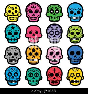 Halloween, mexikanische Sugar Skull, Dia de los Muertos - cartoon Symbole Vector Icons Set von Dekorierten Schädel isoliert auf Weiss - Tod Konzept Stock Vektor