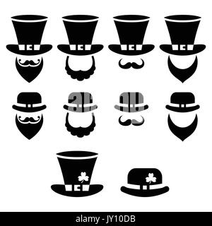 Leprechaun Charakter für St Patrick's Day in Irland - black Icons Set Vector Icons Set der Kobold hat und Bart isoliert auf weißem Stock Vektor