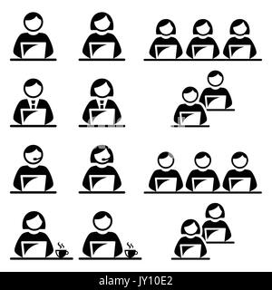 Menschen, die auf dem Laptop im Büro, Call Center, Schule und Cafe Symbole Vector Icons Set von Mann und Frau sitzt mit Laptop Symbole auf isolierte Gruppe Stock Vektor