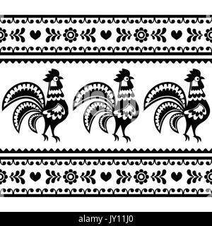 Nahtlose Polnischen monochrome Volkskunst Muster mit Hähne - Wzory lowickie Repetitive Ausschnitt aus schwarzem Hintergrund - Polnischen Volkskunst Deko e Stock Vektor