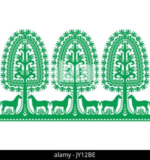 Nahtlose polnischen Volkskunst Muster Wycinanki Kurpiowskie - Kurpie Papercuts Vektor repetitve Design von Pferd, Baum und Hühner - folk Design aus der Stock Vektor