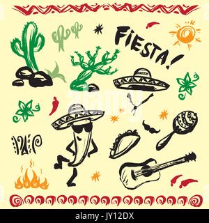 Hand gezeichnet von mexikanischen Symbole - Gitarre, Sombrero, Taco, Schädel, Musikinstrumente. Vektor. Stock Vektor
